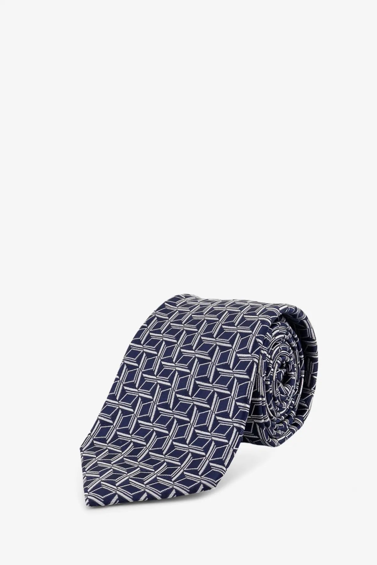 A navy blue Kiton men’s silk tie with a geometric pattern of interlocking white diamond shapes