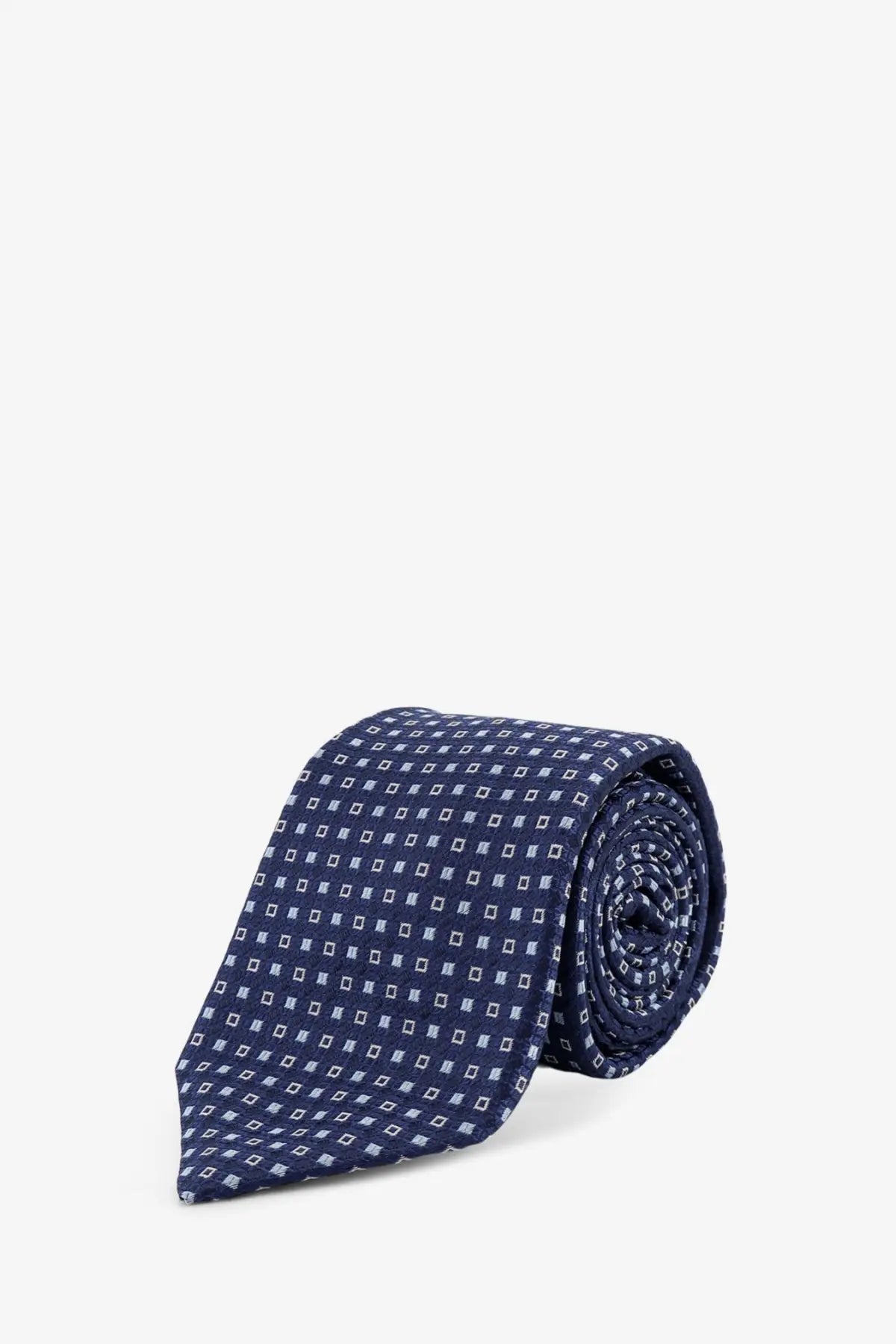 Kiton men’s silk tie in navy blue with subtle light gray geometric squares pattern for formal wear