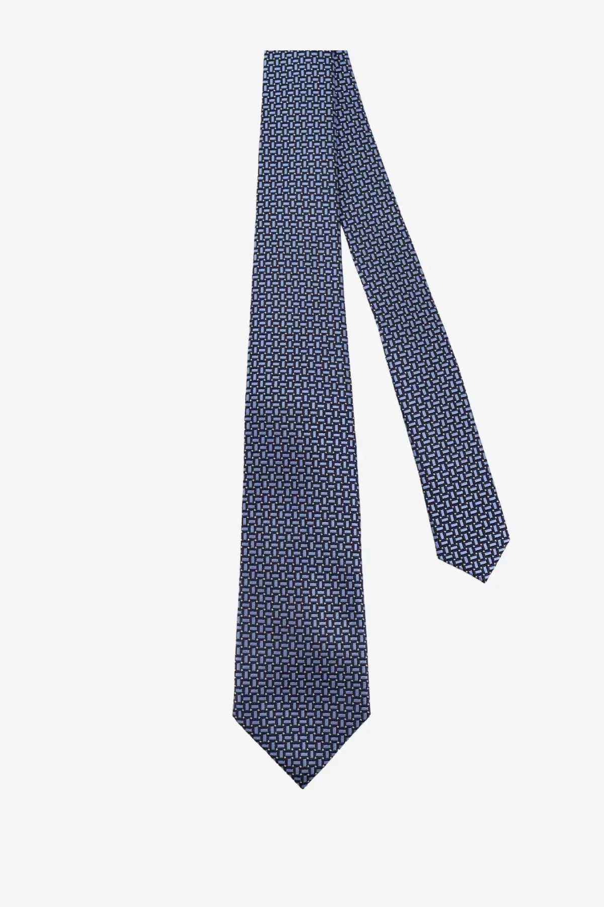 A navy blue Kiton men’s silk tie with a subtle lighter geometric pattern perfect for formal occasions