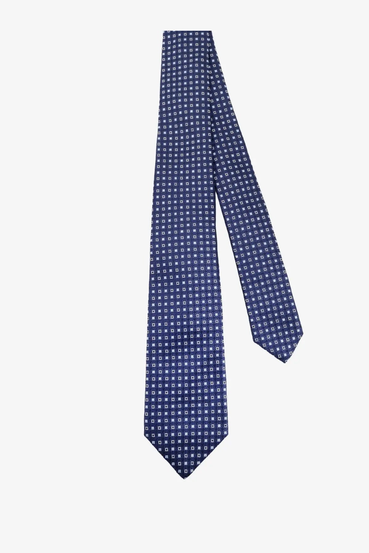 Kiton men’s silk tie in navy blue with a subtle pattern of small white squares for formal wear
