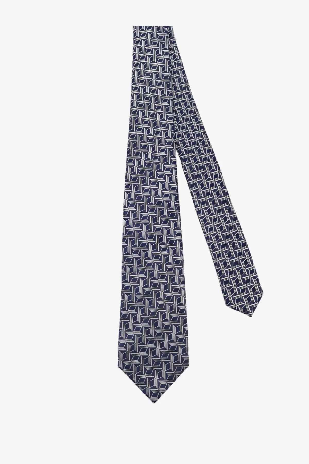 Kiton men’s silk tie in navy blue featuring a subtle white geometric pattern and multicolor accents