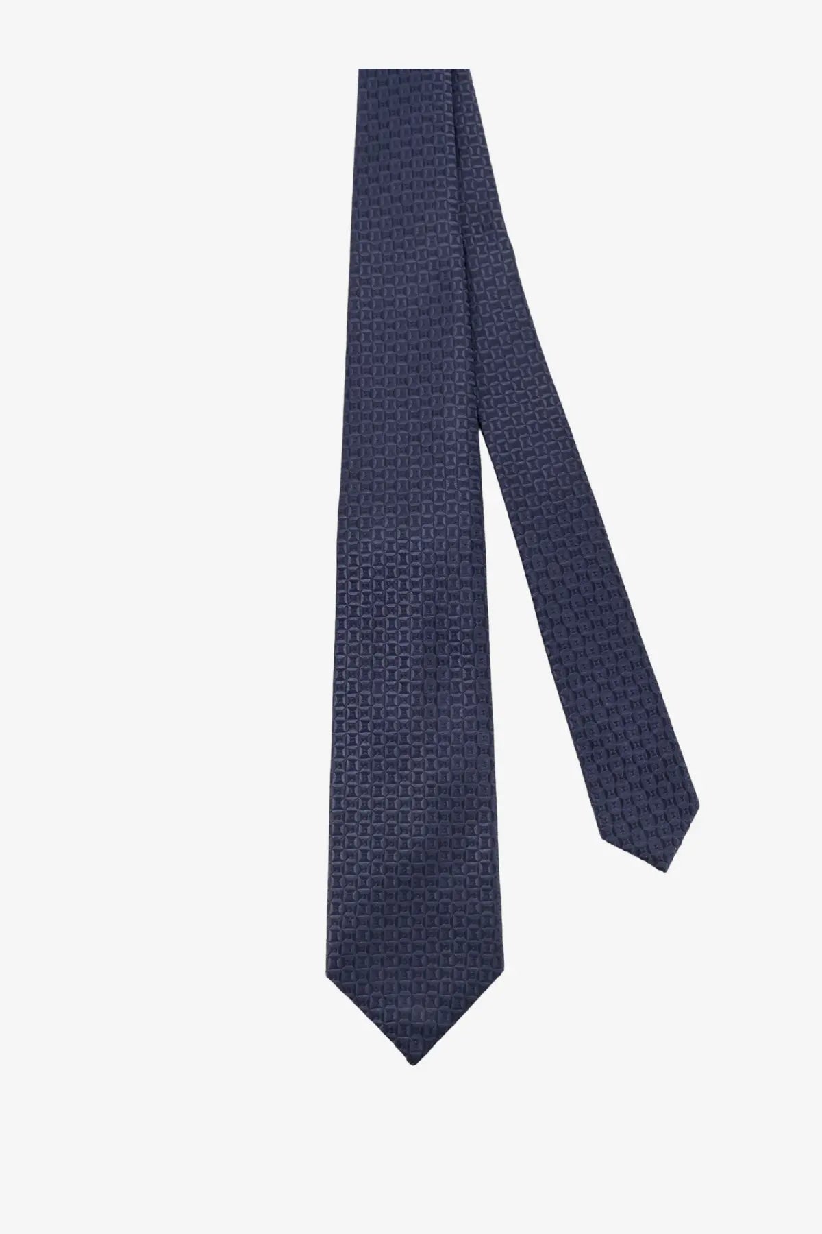 Kiton men’s silk tie in navy blue with a subtle geometric pattern and multicolor accents