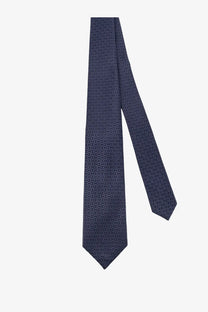 Kiton men’s silk tie in navy blue with a subtle geometric pattern and multicolor accents