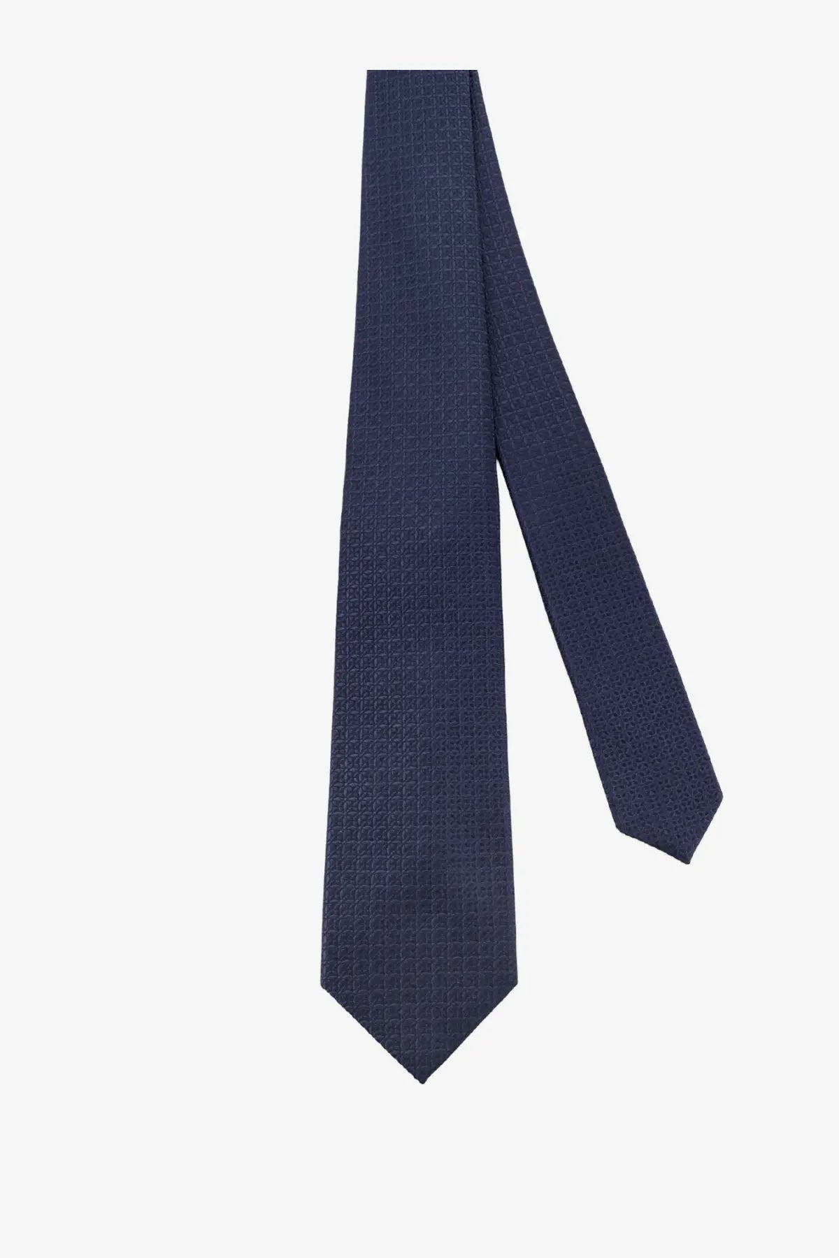 A navy blue silk tie by Kiton featuring a subtle repeating geometric pattern in multicolor design