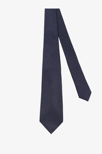 Kiton men’s silk tie in navy blue with a subtle geometric pattern for formal wear