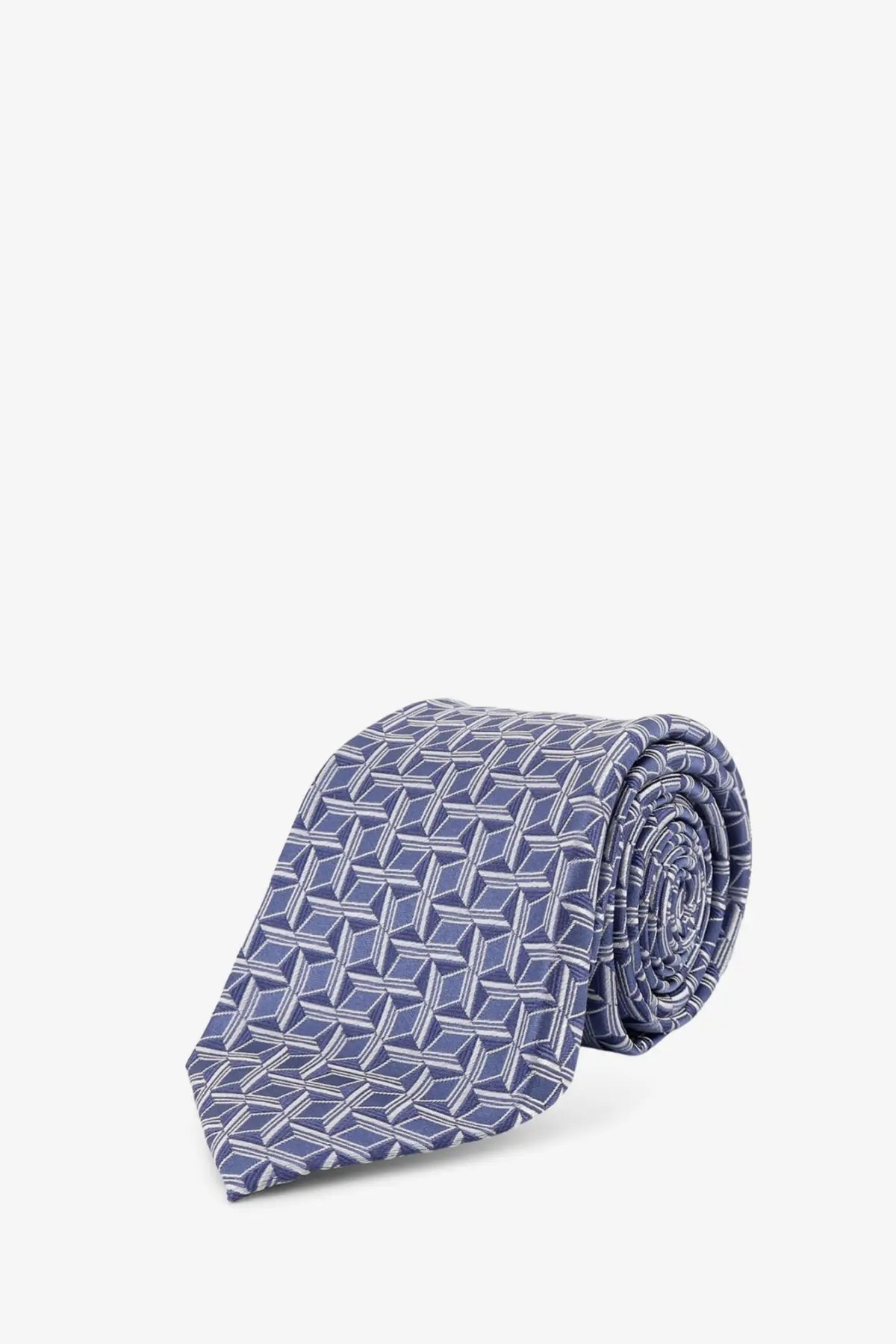A neatly rolled kiton men’s silk tie in navy blue with a subtle light gray geometric pattern