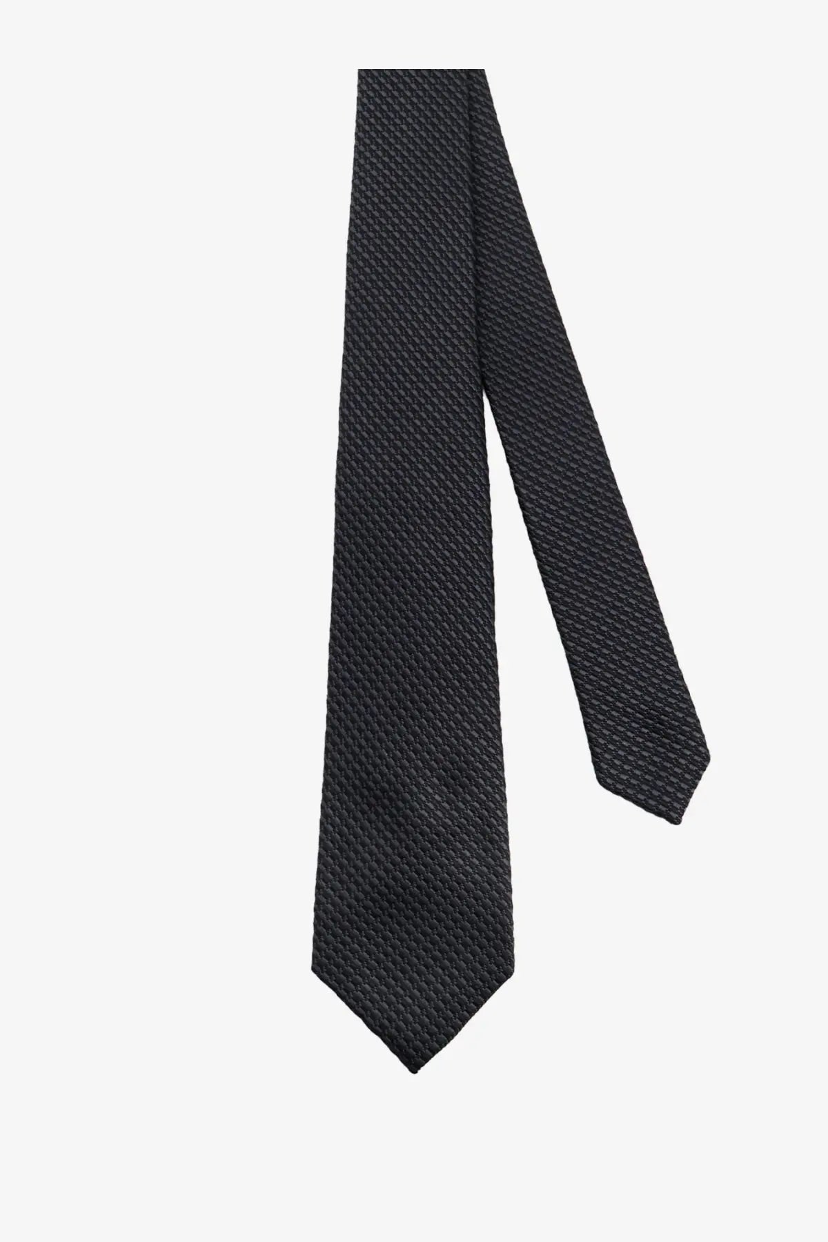 A sleek black Kiton men’s silk tie with a subtle textured pattern and multicolor accents