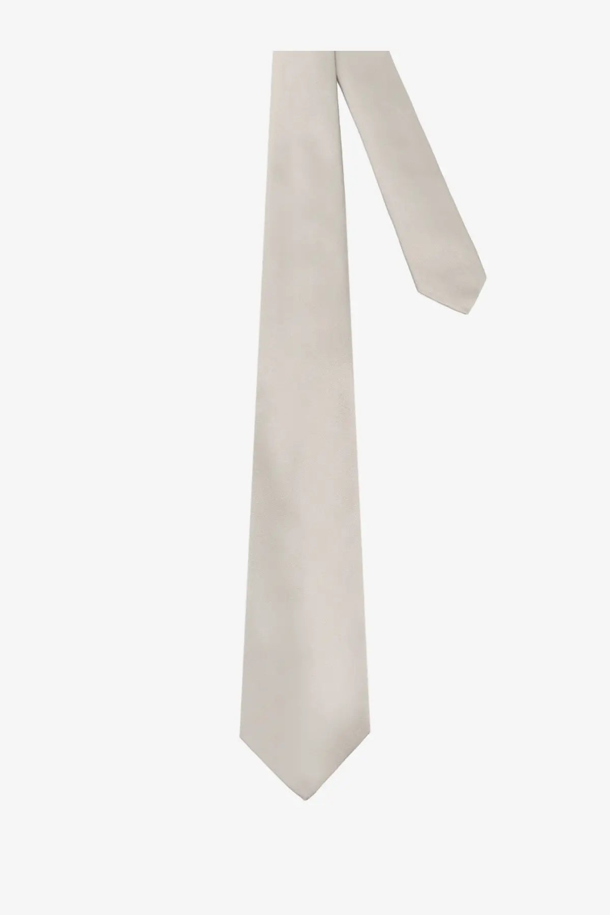 A sleek off-white silk tie by Kiton featuring a solid minimalist design for men’s formalwear