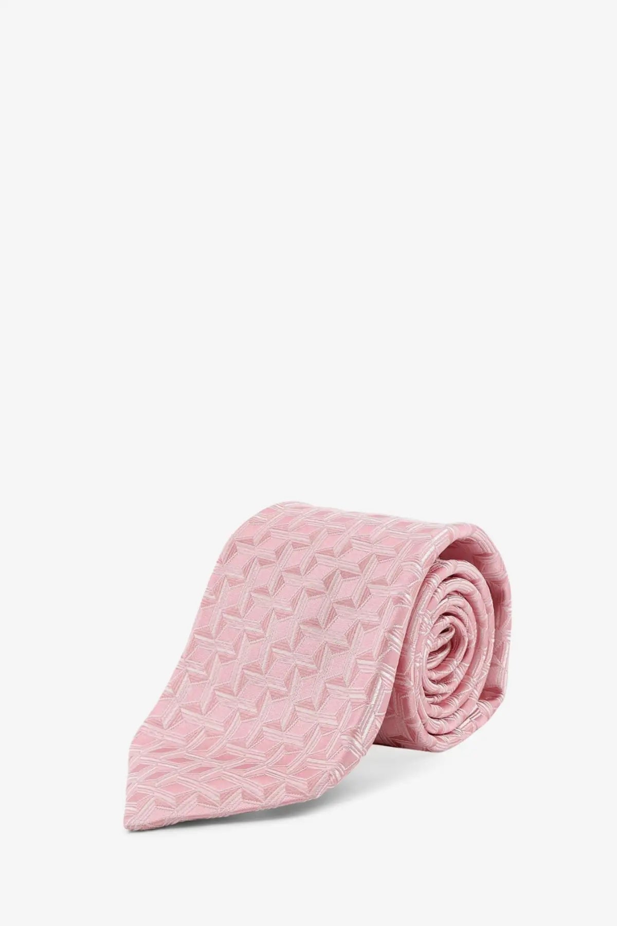 A soft pink silk tie by kiton featuring a subtle geometric pattern perfect for men’s formal wear
