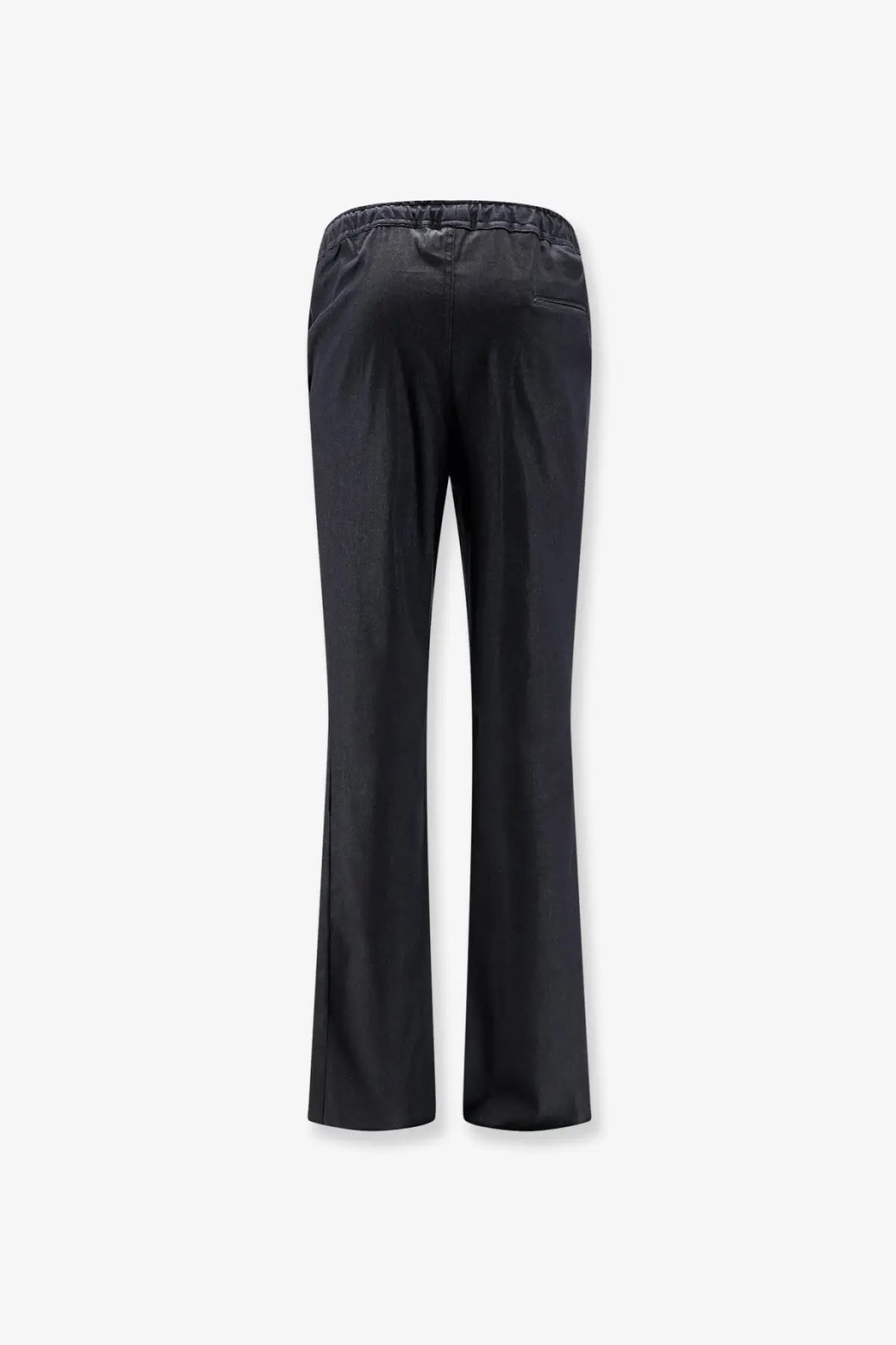 Kiton men’s black stretch cotton trousers with elastic waistband and flared satin-like finish