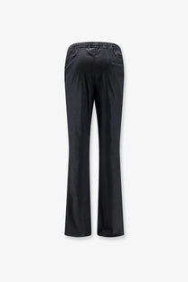 Kiton men’s black stretch cotton trousers with elastic waistband and flared satin-like finish