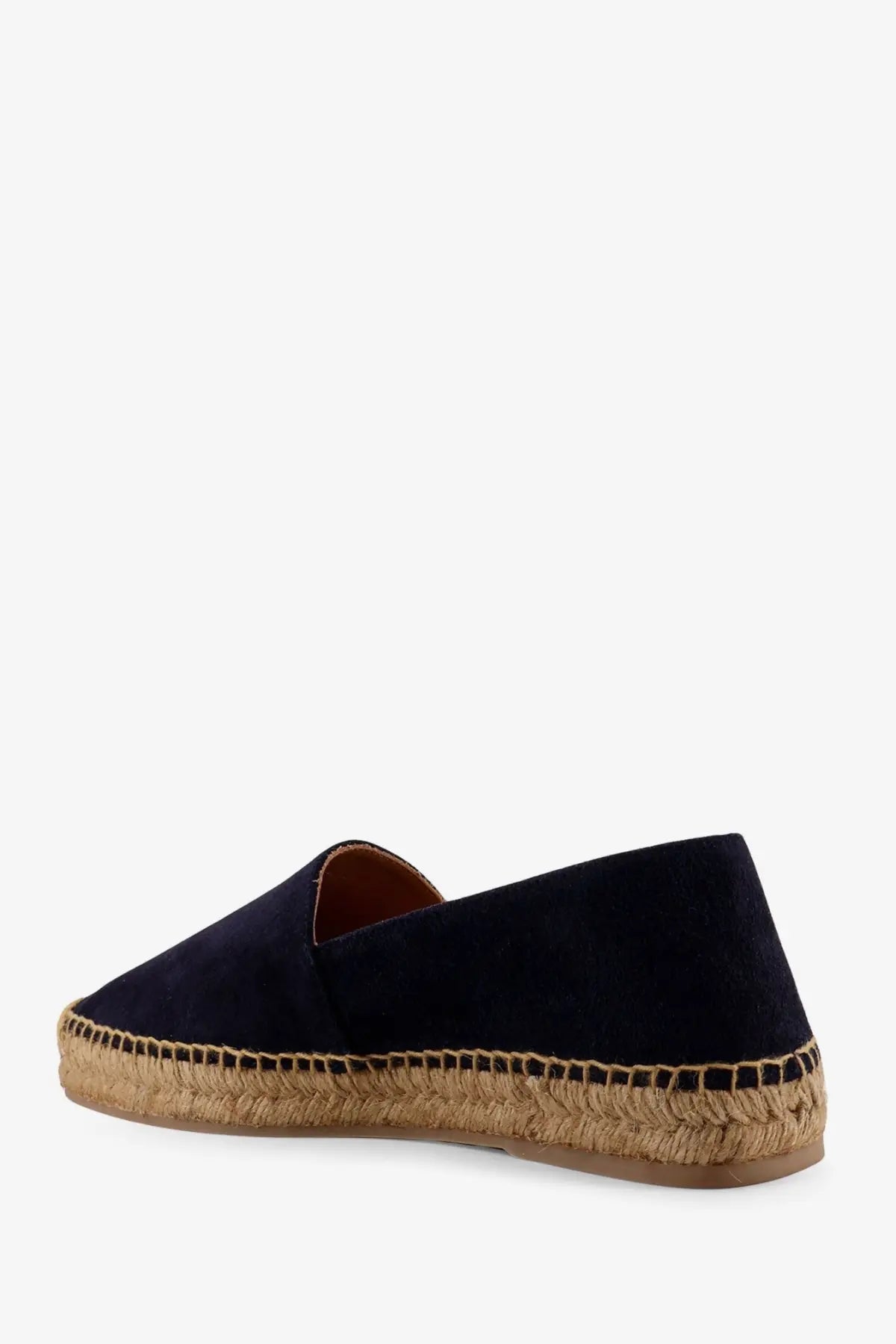 Kiton men’s navy blue suede espadrille loafer with woven jute sole shown from the back side
