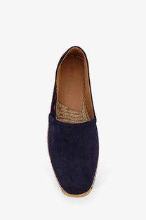 Kiton men’s navy blue suede espadrille shoe with woven jute sole and tan leather lining