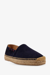 Kiton men’s navy blue suede espadrille slip-on shoe with woven jute sole and red stitching along the edge
