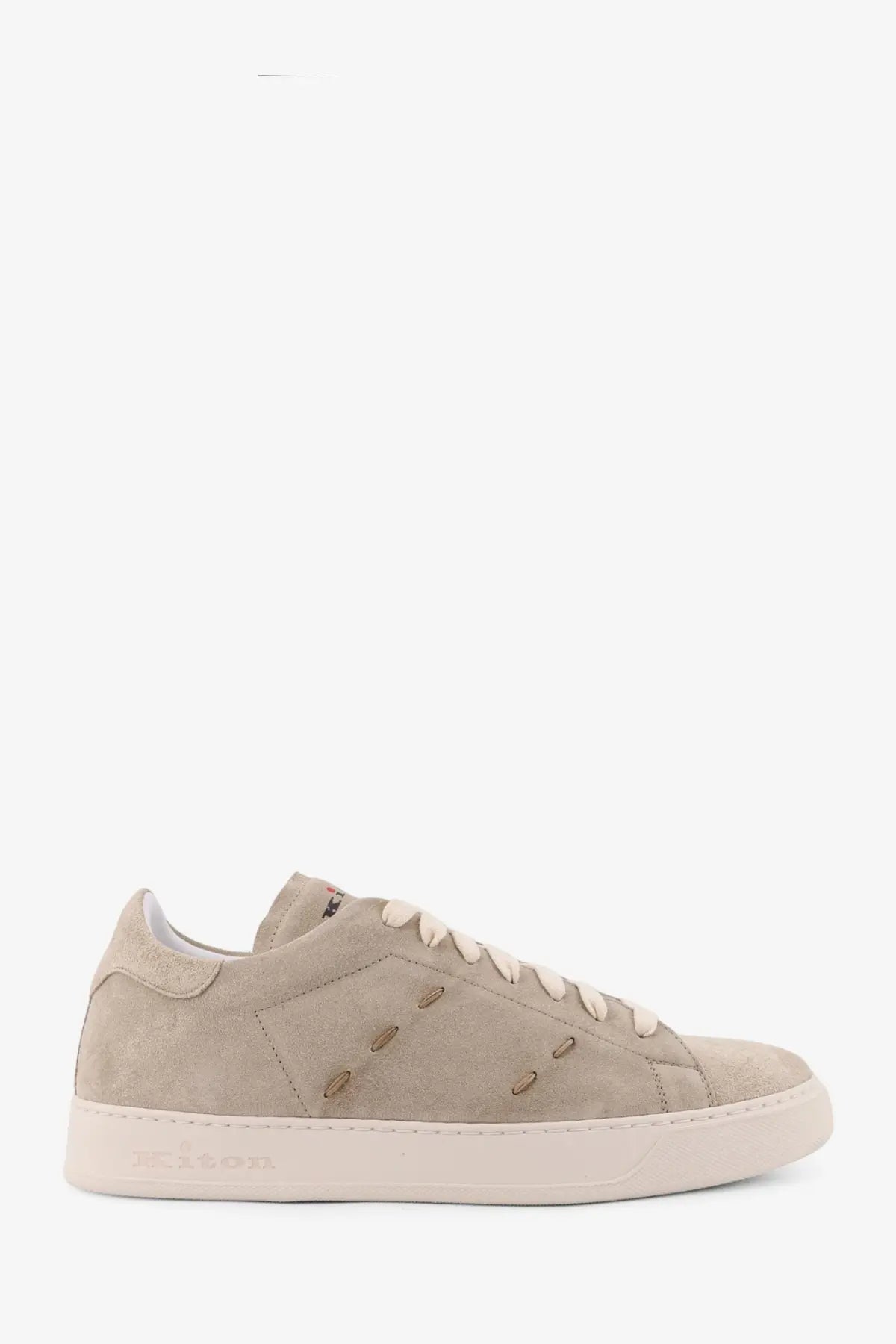 Kiton men’s beige suede low-top sneaker with cream laces and matching rubber sole for casual wear