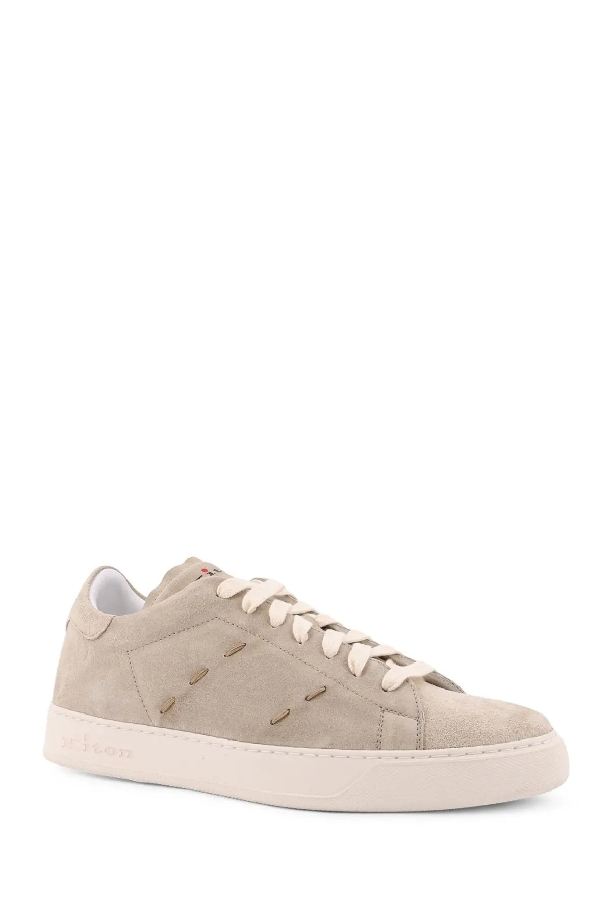 Kiton men’s beige suede low-top sneaker with cream laces and matching rubber sole for casual wear