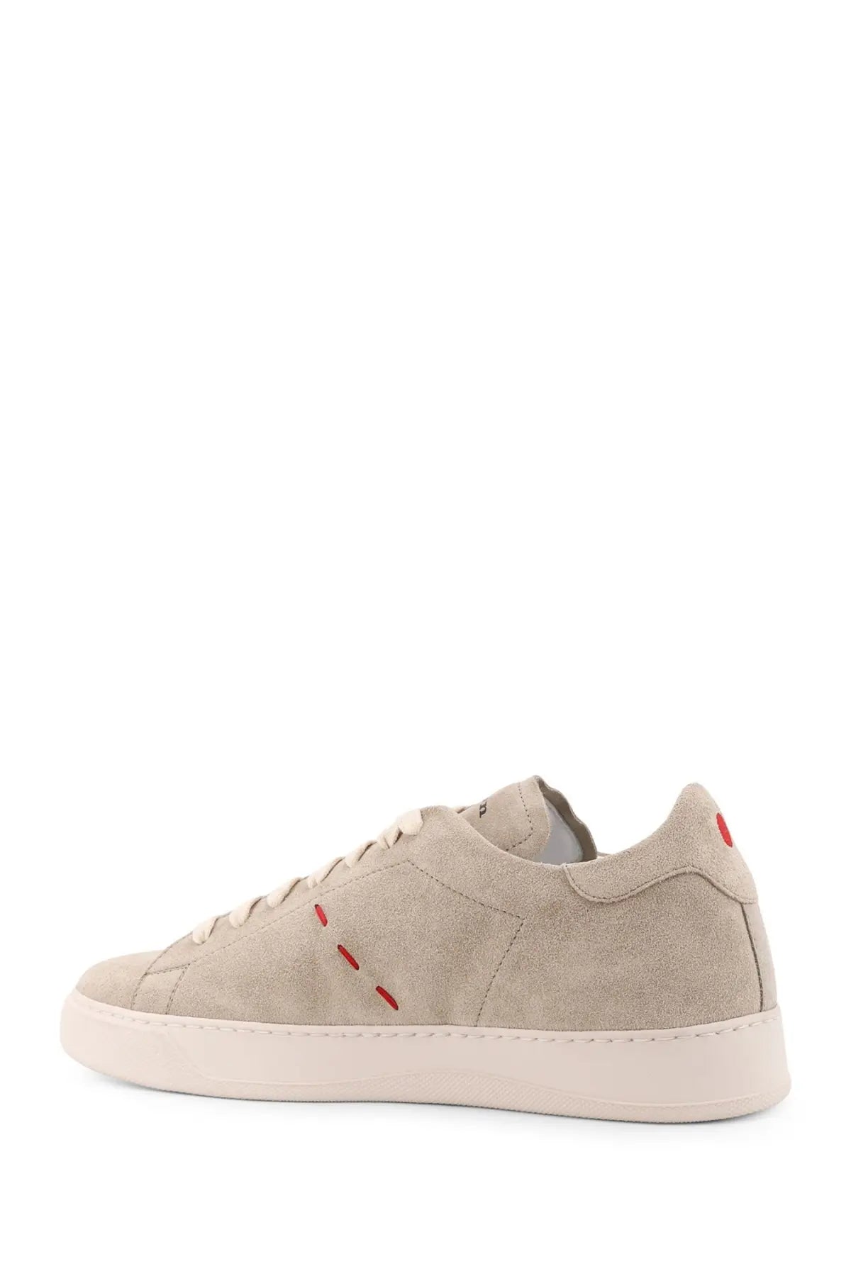 Kiton men’s beige suede low-top sneaker with red stitching accents and a white rubber sole