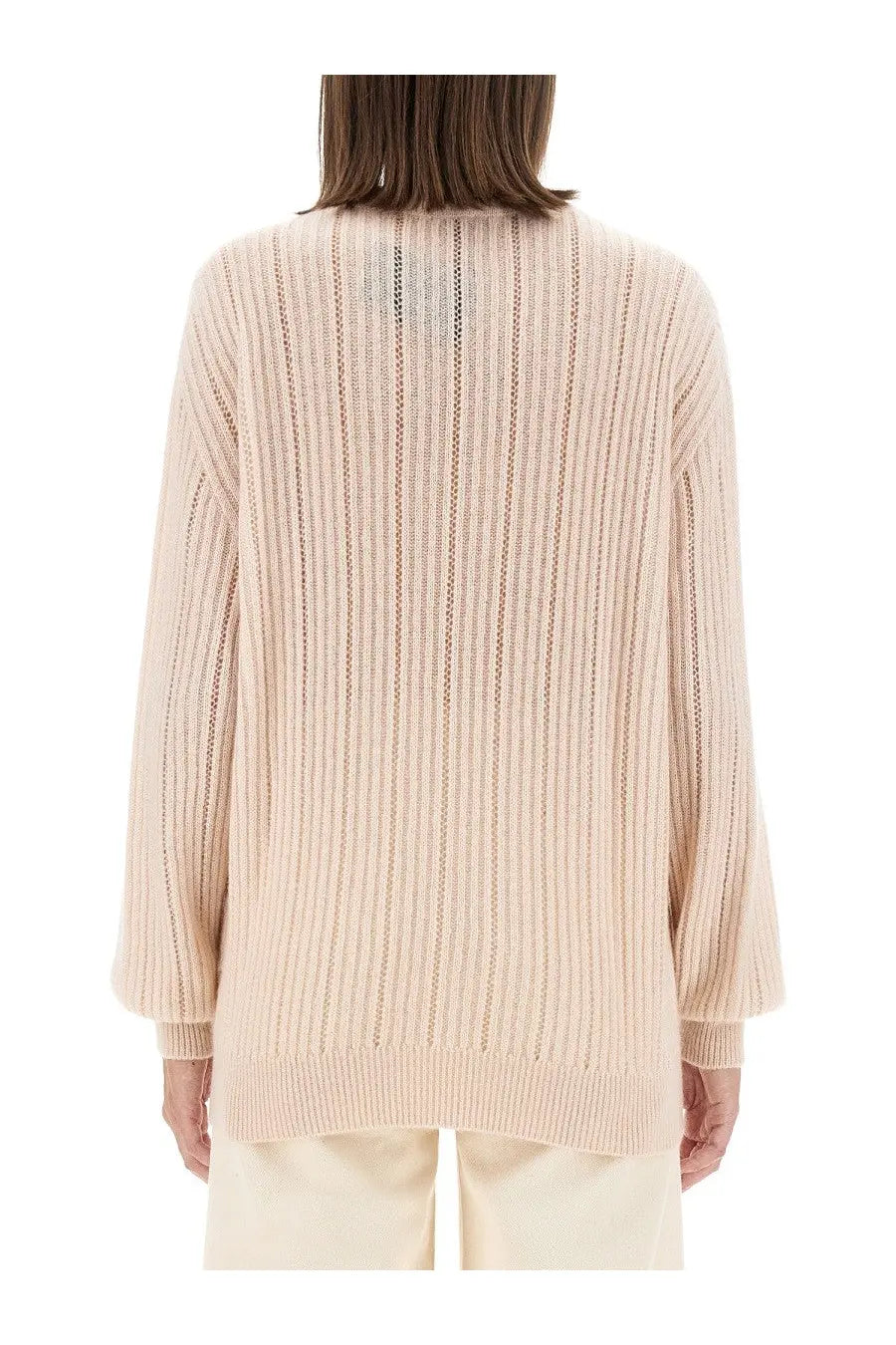 Beige ribbed knit cashmere sweater with a relaxed fit and long sleeves by Kiton women’s collection
