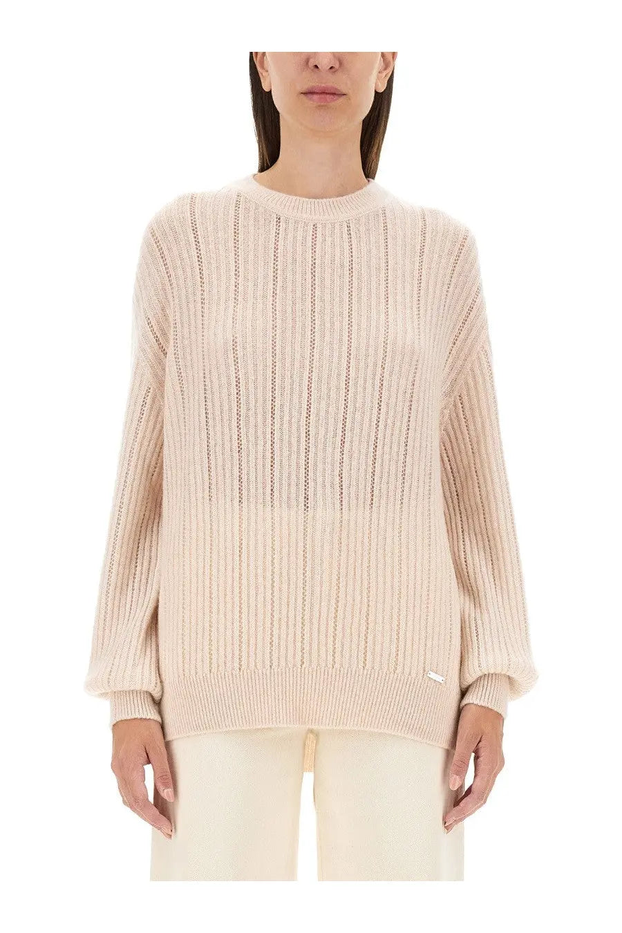 Kiton women’s cashmere sweater beige soft ribbed knit with relaxed fit and long sleeves