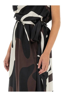 Kiton women’s sleeveless flowing dress in bold black white and brown abstract pattern with tied waistband