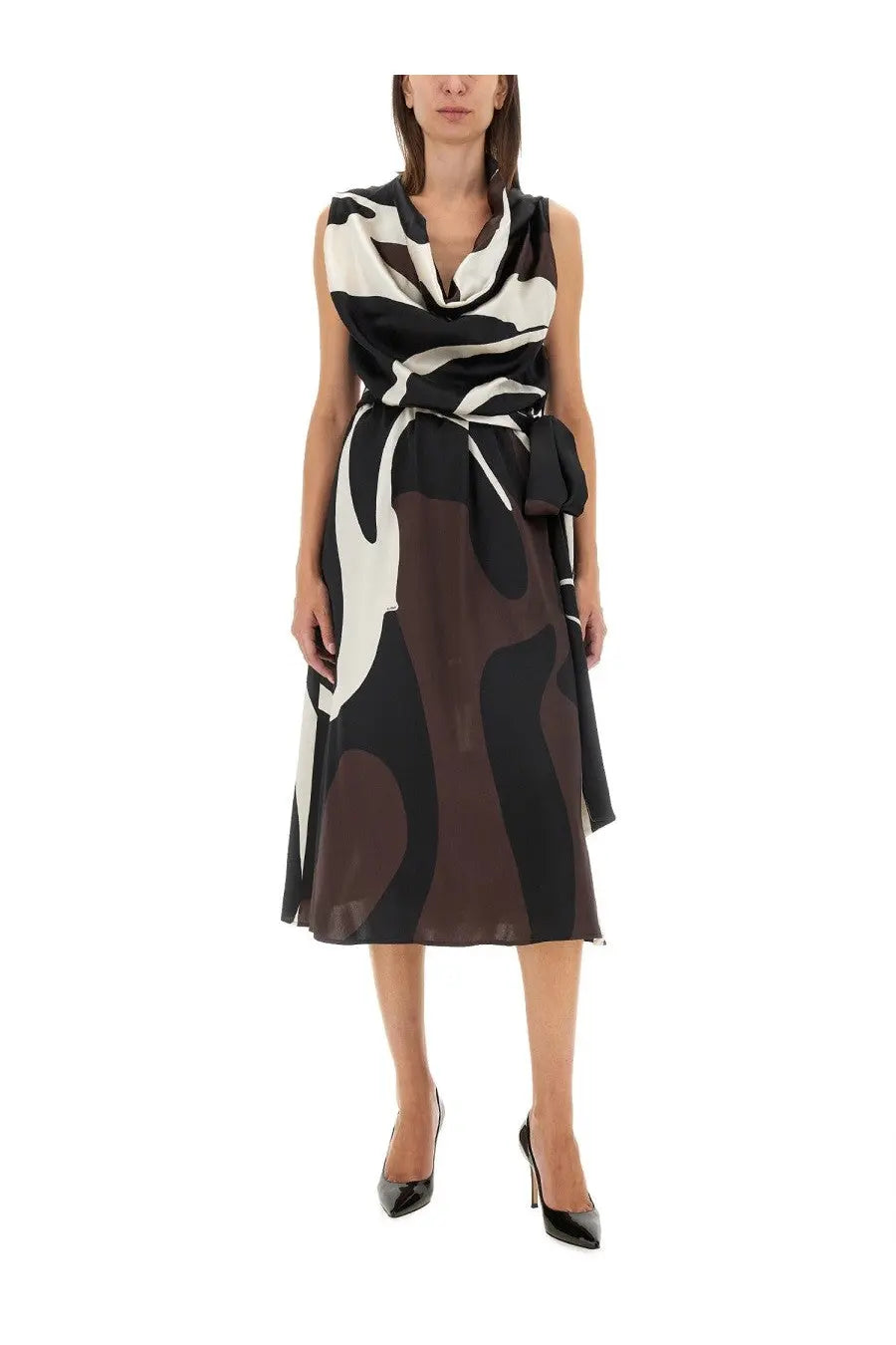 Kiton women’s sleeveless midi dress with black white and brown abstract print and draped cowl neckline with belt