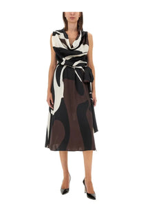 Kiton women’s sleeveless midi dress with black white and brown abstract print and draped cowl neckline with belt