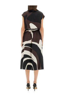 Kiton women’s sleeveless midi dress in bold black brown and white abstract pattern with self-tie belt