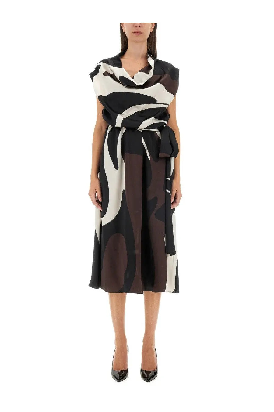Kiton women’s sleeveless midi dress with bold black white and brown abstract print and draped cowl neckline with belt