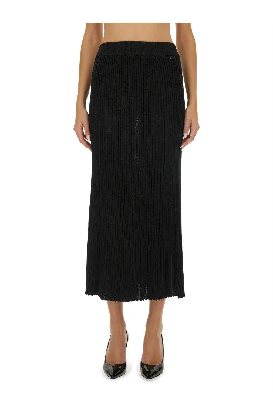 Kiton women’s knit skirt black featuring a black pleated midi design with a smooth elastic waistband