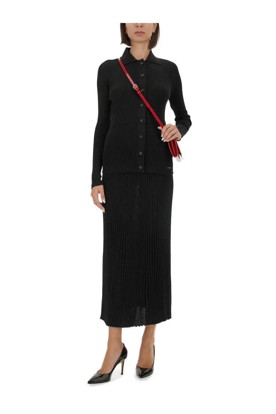 Kiton women’s black ribbed knit button-up cardigan with collar and matching pleated midi knit skirt in black