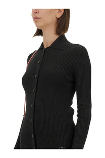 Kiton women’s black ribbed knit cardigan with collar and dark buttons for stylish layering and comfort