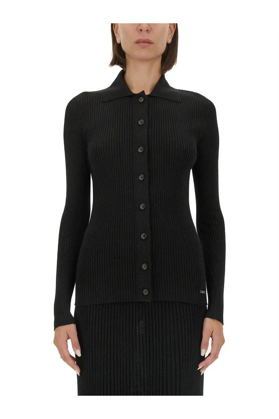 Kiton women’s black ribbed knit cardigan with collar and button front perfect for layering