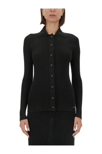 Kiton women’s black ribbed knit cardigan with collar and button front perfect for layering