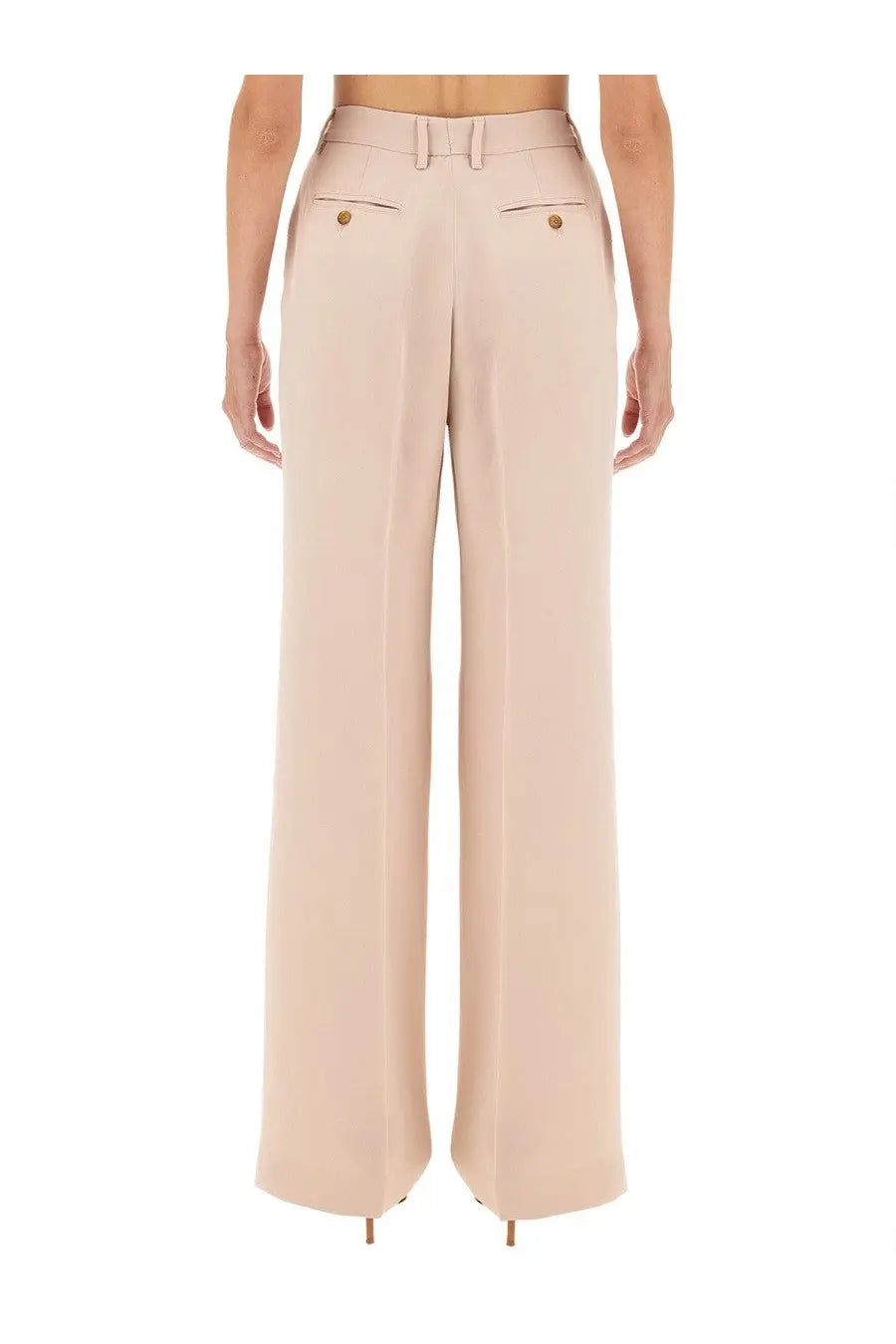 Beige wide-leg satin pants with gold-toned buttons and tailored design from kiton womens collection
