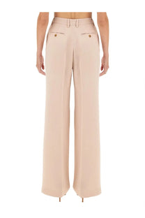 Beige wide-leg satin pants with gold-toned buttons and tailored design from kiton womens collection
