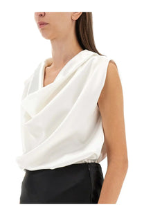 Kiton women’s white satin sleeveless blouse with draped asymmetrical neckline ideal for elegant occasions
