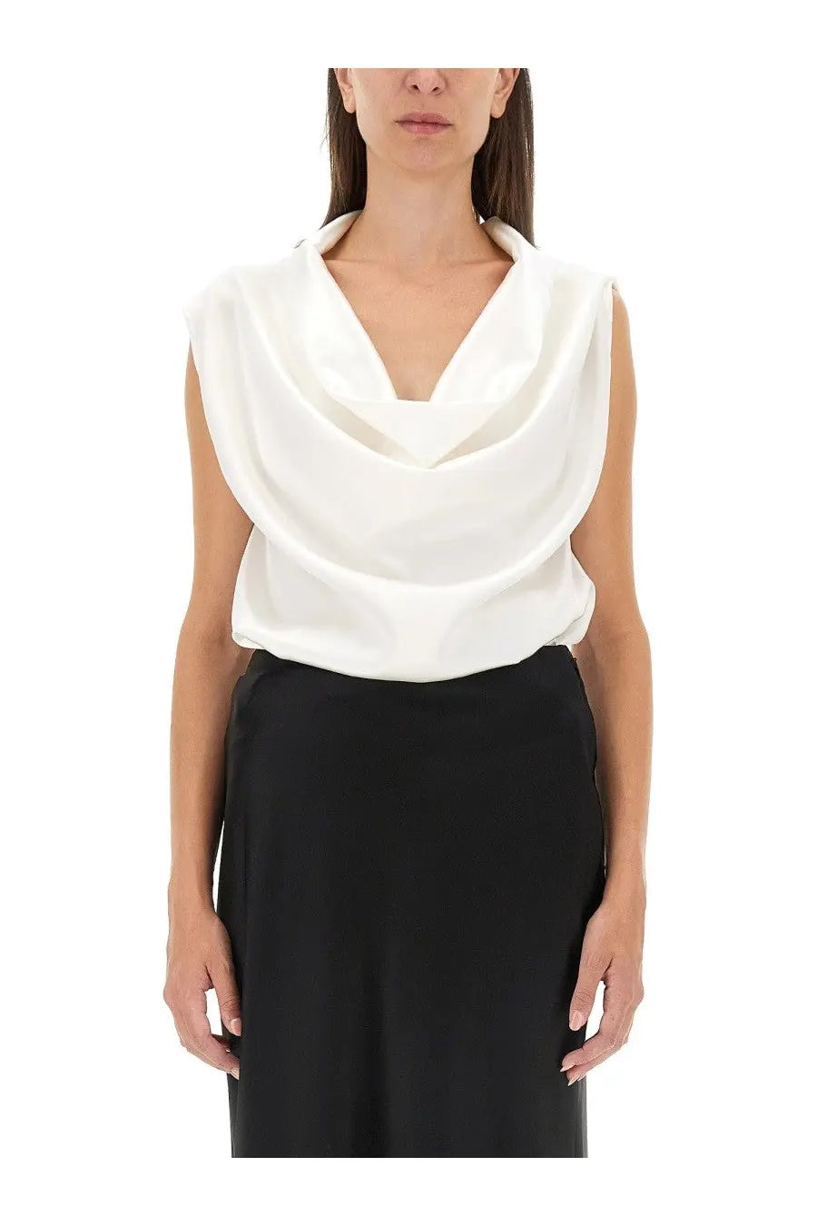 Kiton women’s sleeveless white satin top with a sleek draped cowl neckline perfect for elegant wear