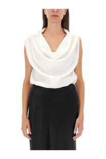 Kiton women’s sleeveless white satin top with a sleek draped cowl neckline perfect for elegant wear
