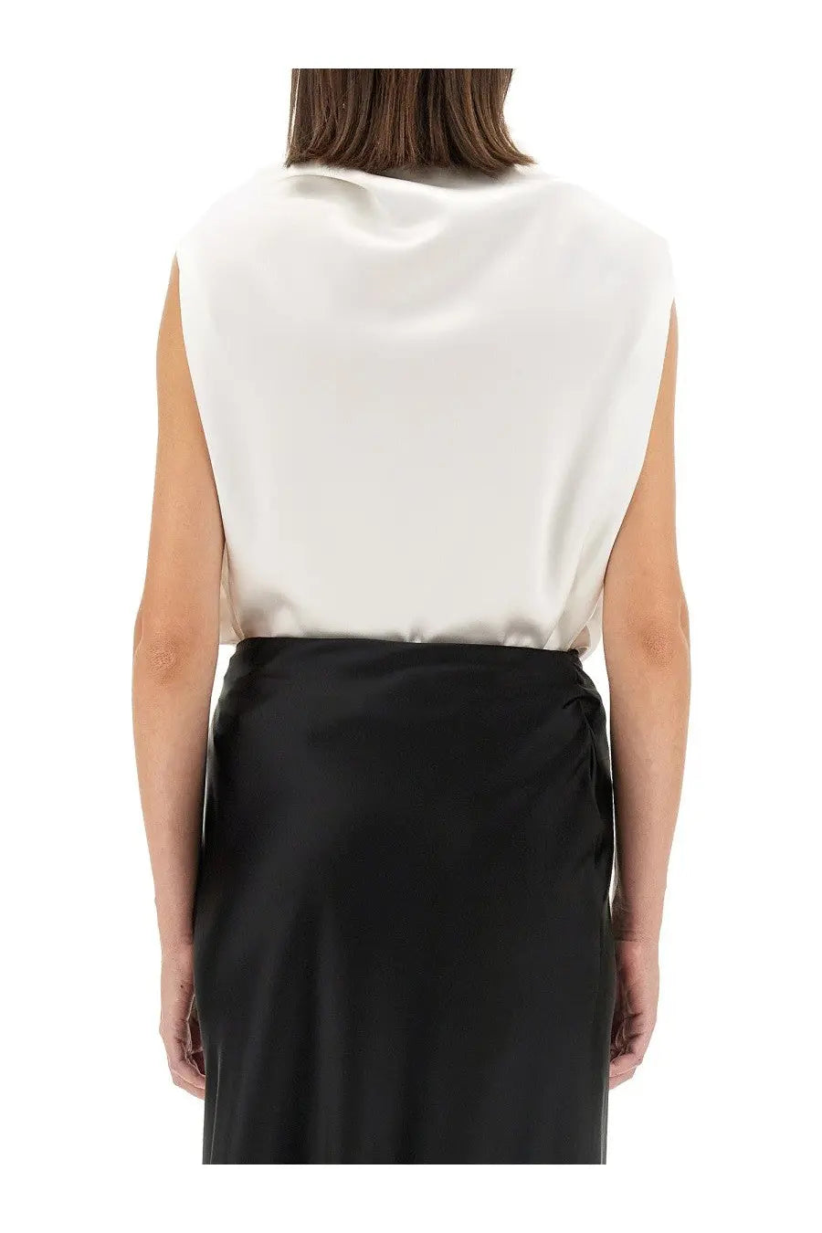 Kiton women’s sleeveless white satin shirt with draped neckline and smooth flowing fabric