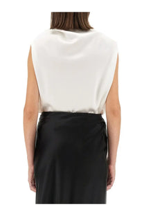 Kiton women’s sleeveless white satin shirt with draped neckline and smooth flowing fabric