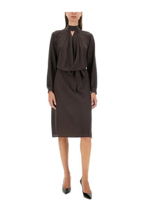Kiton women’s silk dress brown featuring a sleek dark gray satin blouse with high neckline and matching tie belt