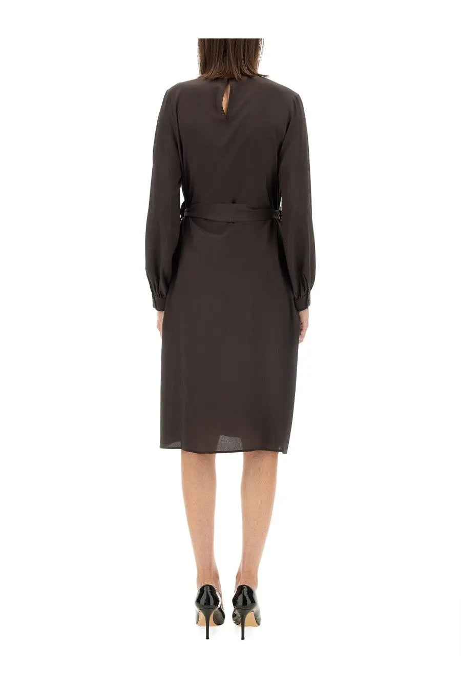 Kiton women’s silk dress brown in dark brown with long sleeves and belted waist midi length