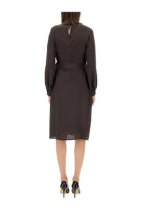Kiton women’s silk dress brown in dark brown with long sleeves and belted waist midi length