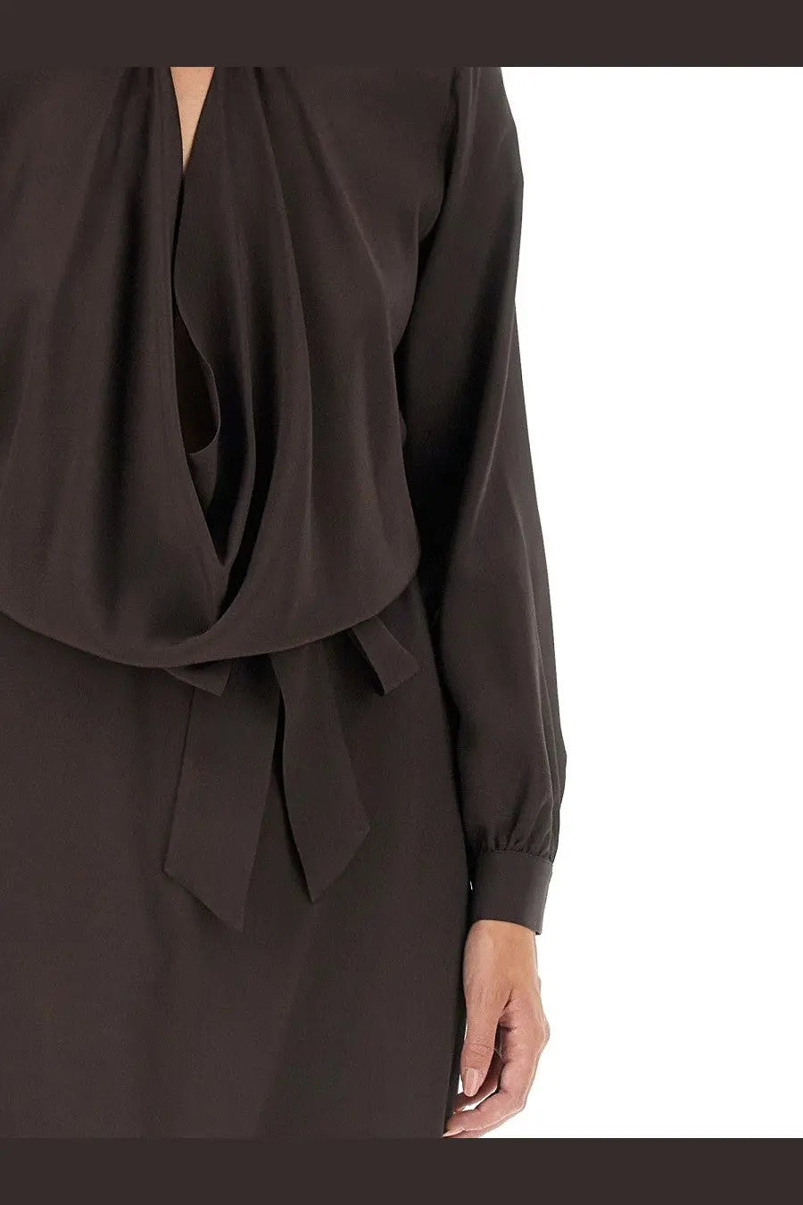 Kiton women’s silk dress brown featuring a sleek dark brown satin blouse with draped neckline and matching tie belt