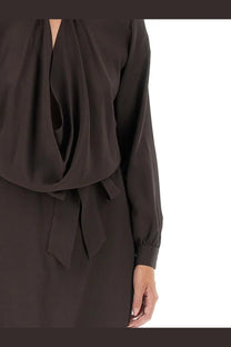 Kiton women’s silk dress brown featuring a sleek dark brown satin blouse with draped neckline and matching tie belt