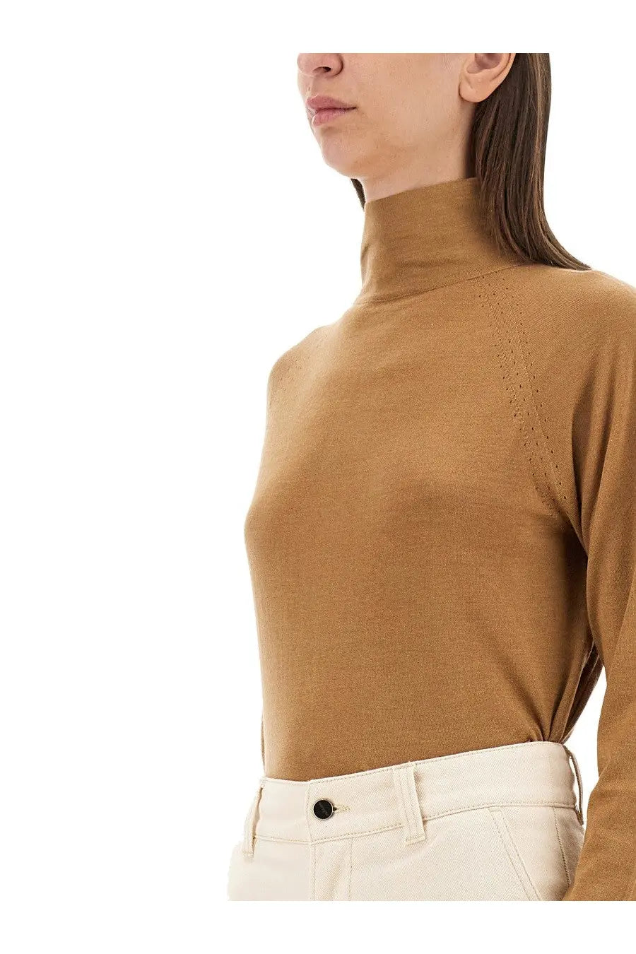 Kiton women’s camel-colored knit turtleneck shirt featuring subtle perforated detailing along the shoulder seam