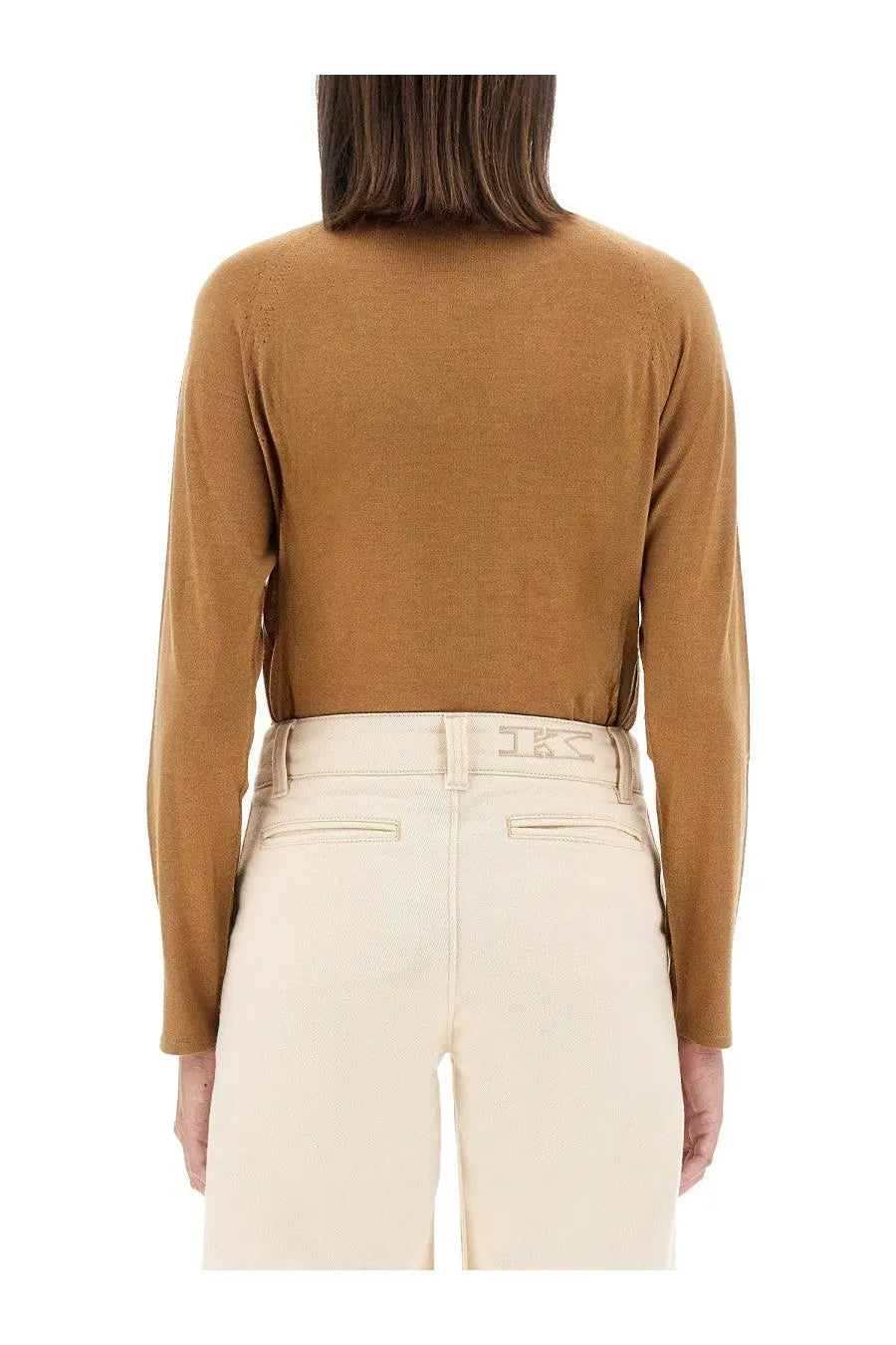 Kiton women’s camel-colored long-sleeve knit turtleneck shirt with high neckline and ribbed cuffs in beige