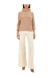 Beige Kiton women’s turtleneck sweater with textured diamond knit pattern and ribbed cuffs in soft fabric