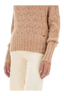 Kiton women’s brown turtleneck shirt in cozy beige cable knit with textured diamond pattern and ribbed cuffs