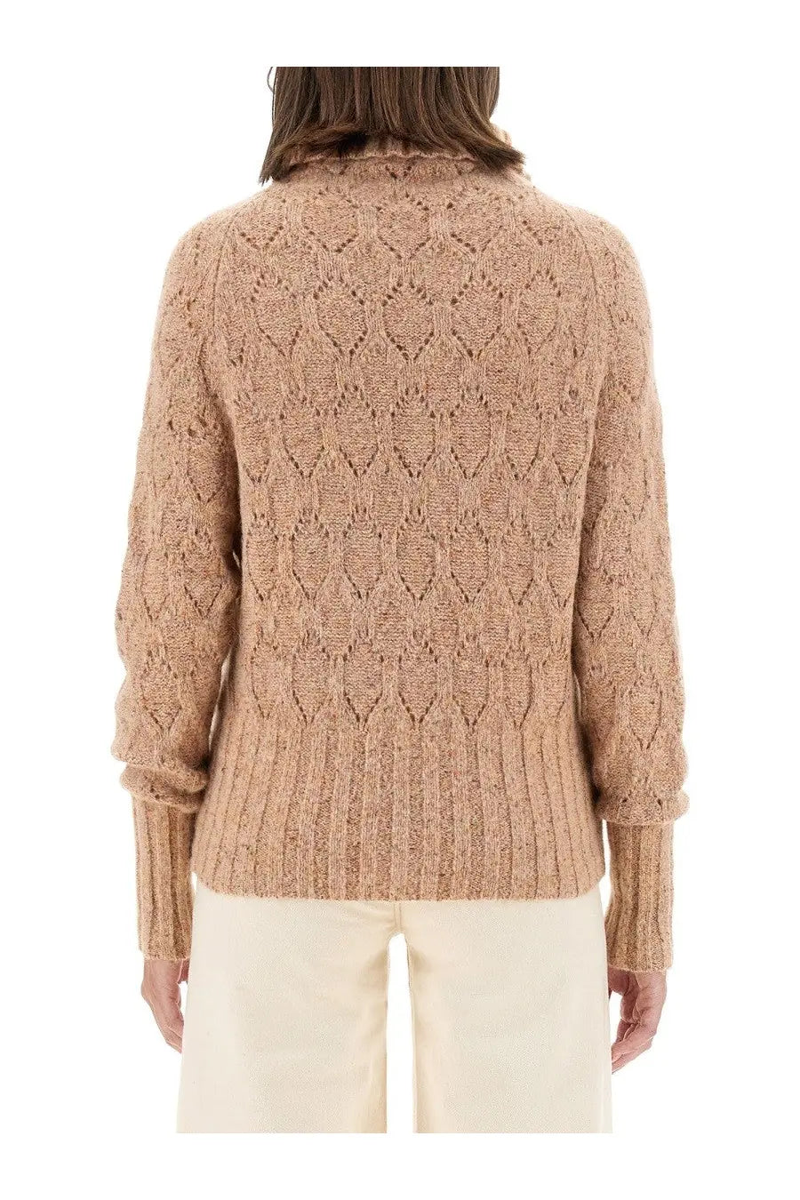Kiton women’s brown turtleneck shirt showing the back with a cozy beige knitted sweater and diamond pattern design
